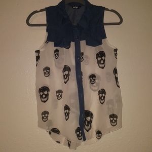 Sheer Collared Tank Top with Denim Upper & Skulls